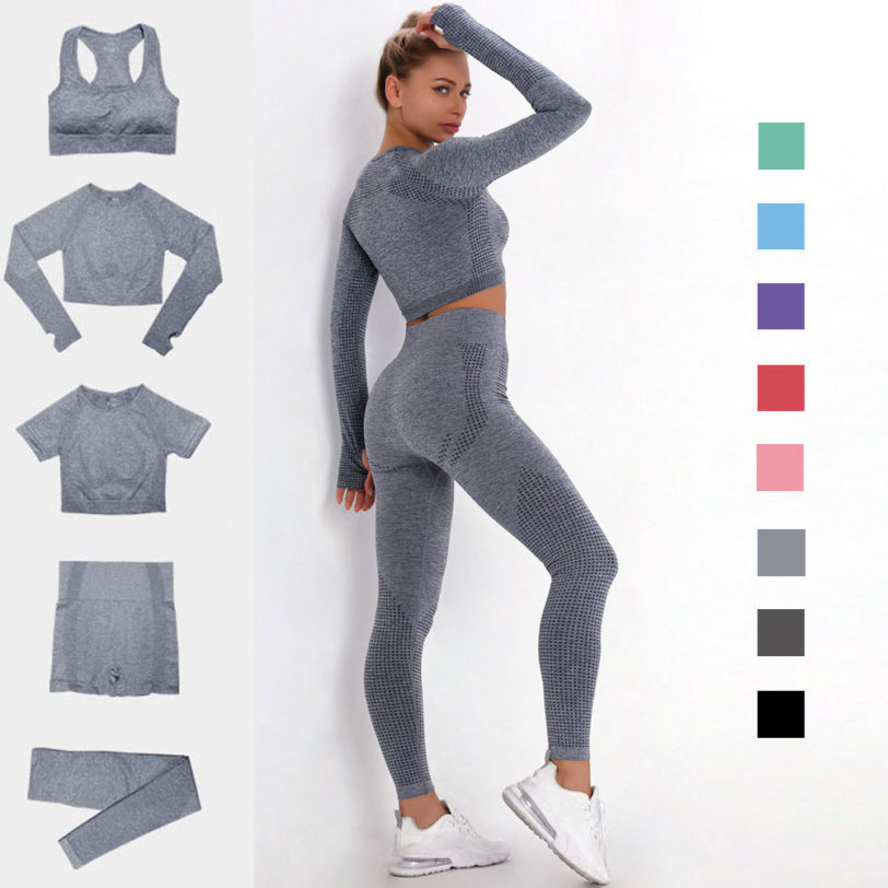 2/3/5PCS Yoga Set Gym Clothing Seamless Leggings Sportswear Women Tracksuit Fitness Crop Top High Waist Sports Suits With Shorts