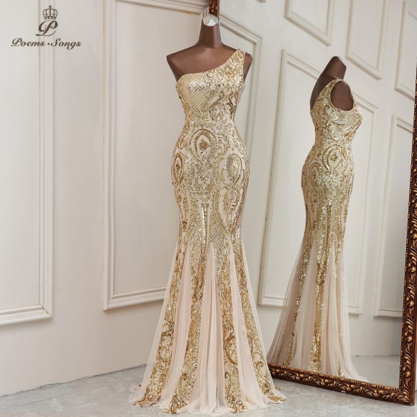 2021 New Sexy Gold mermaid evening dresses one shoulder dresses for women party vestidos de fiesta robe de soiree de mariage