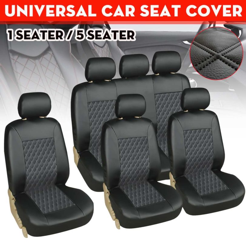 9Pcs 5 Seater Auto Front Full Seat Cover Cushion Gray/Black PU Leather Waterproof Seat Cover Universal For BMW E46/Honda/Ford