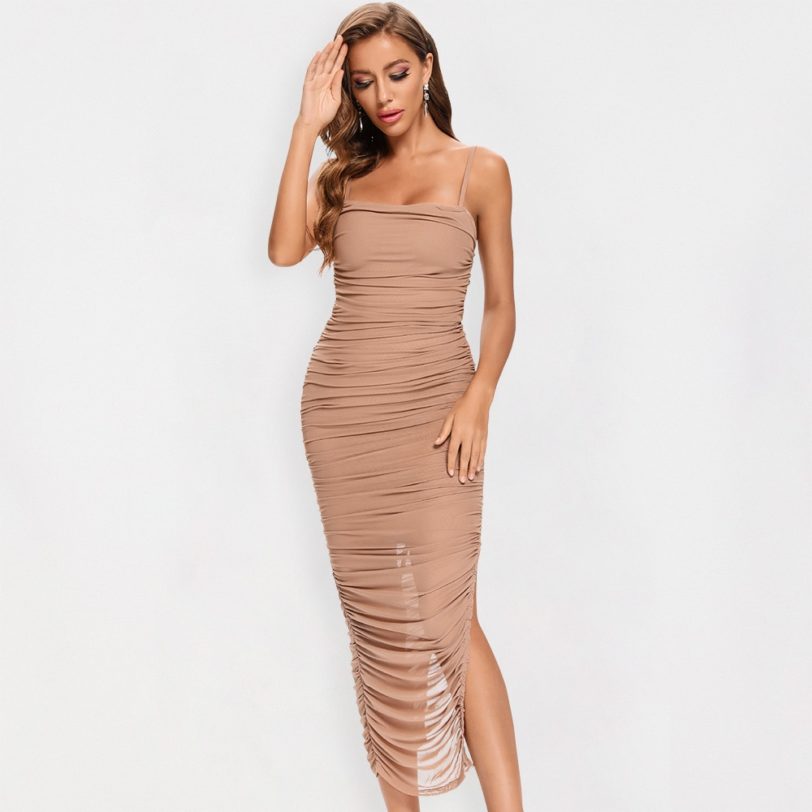 BEAUKEY 2020 Summer New Arrival Sexy Long Bodycon Dresses Women Spaghetti Straps Organza Mesh Maxi Dress Party Club