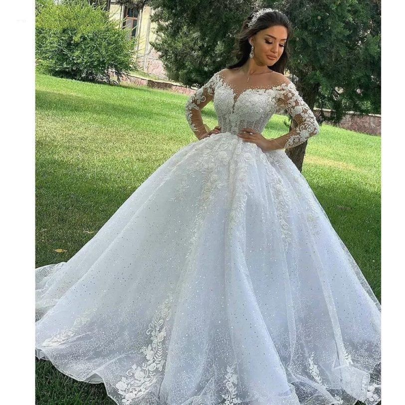 Ball Gown Wedding Dresses O Neck Long Sleeves Vestido Casamento Lace Up Appliqus Beaded Bride Gowns 2021 Suknie Slubne Princess