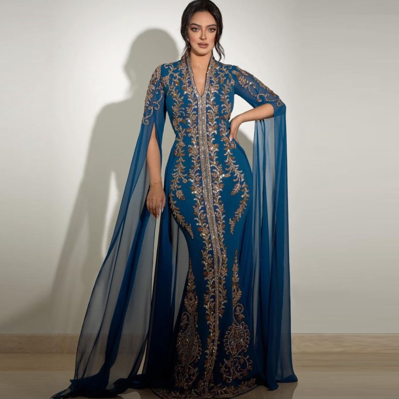 Blue Elegant Exquisite Moroccan Caftan Evening Dress Floor Length V-Neck Wedding Dress Summer Dress Saudi Arabia Prom Dress