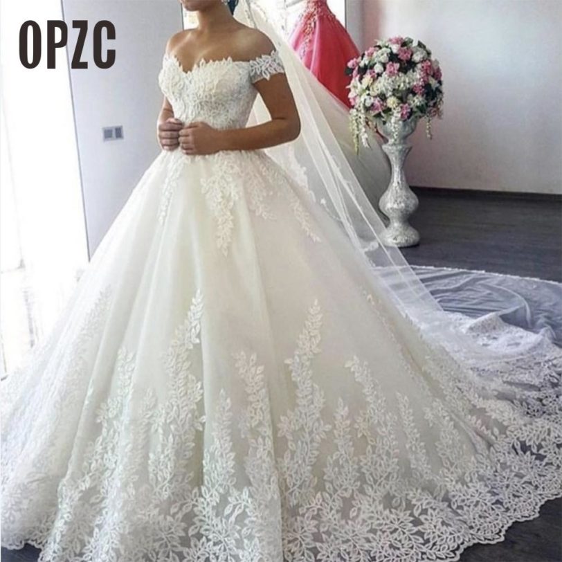 Custom Made White Ivory Neck Off Shoulder Plus Size Vestido De Noiva 2021 New Wedding Dress Long Tain Bridal Tull Mariage