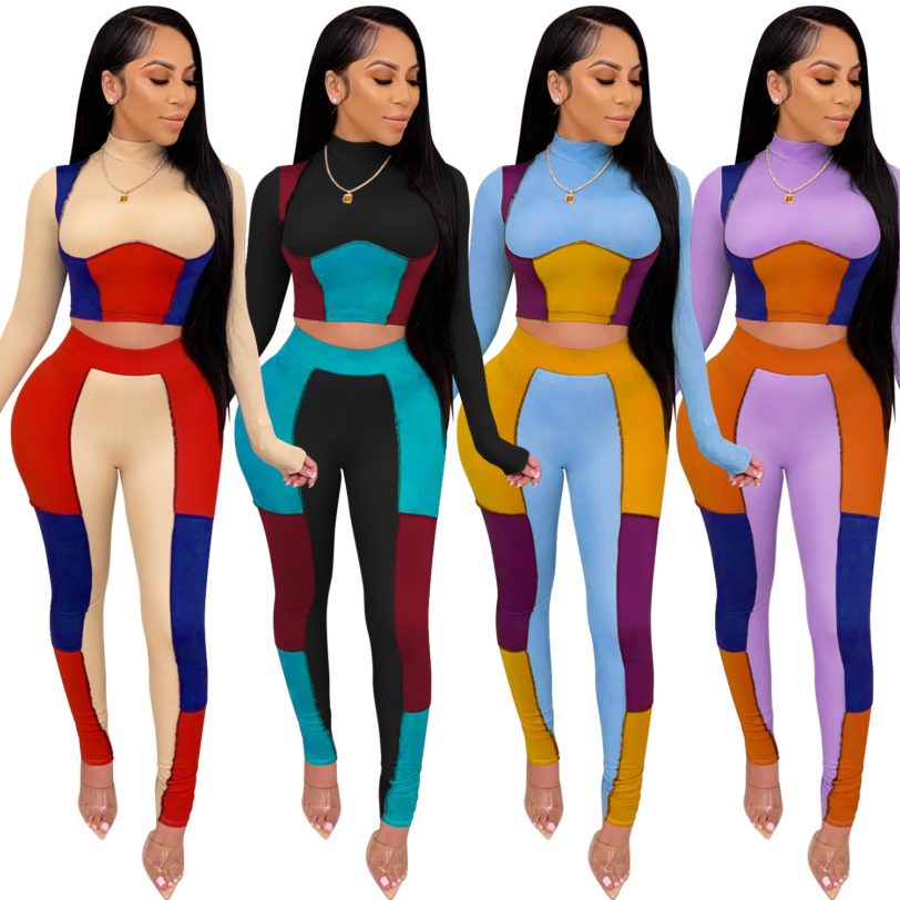 Cutubly Two Piece Set Color Slim Set Patchwork Outfits Set For Women Long Sleeve Sexy Tight Sexy Skinny Club Party Tracksuit