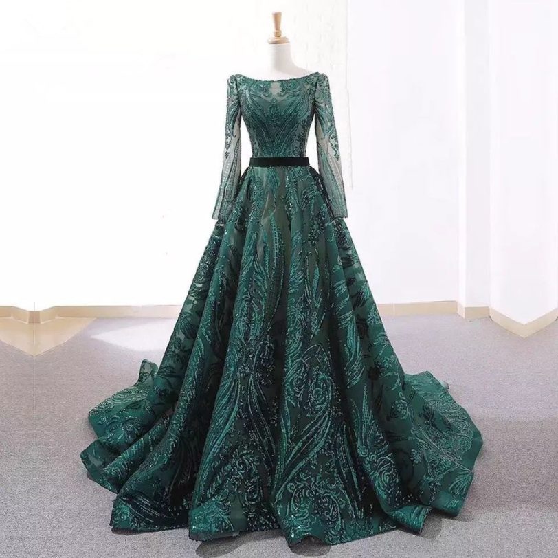 Dubai A-Line Luxury Green Evening Dress Muslim 2021 Women Vintage Long Sleeves Robe De Soiree Sequins Sparkle Prom Party Gowns