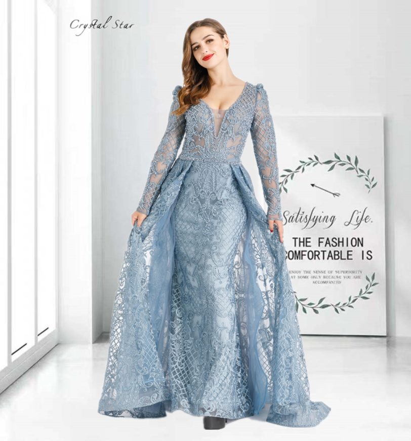 Dubai Muslim Blue Long Luxury Elegant Evening Dresses 2021 Crystal Mermaid Evening Gowns Plus Size HO1052