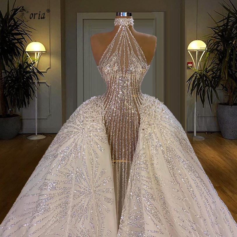 Dubai Sexy Evening Dresses 2021 Luxury African Full Diamond Mermaid Formal Dress With Detachable Train Muslim Wedding Dresses