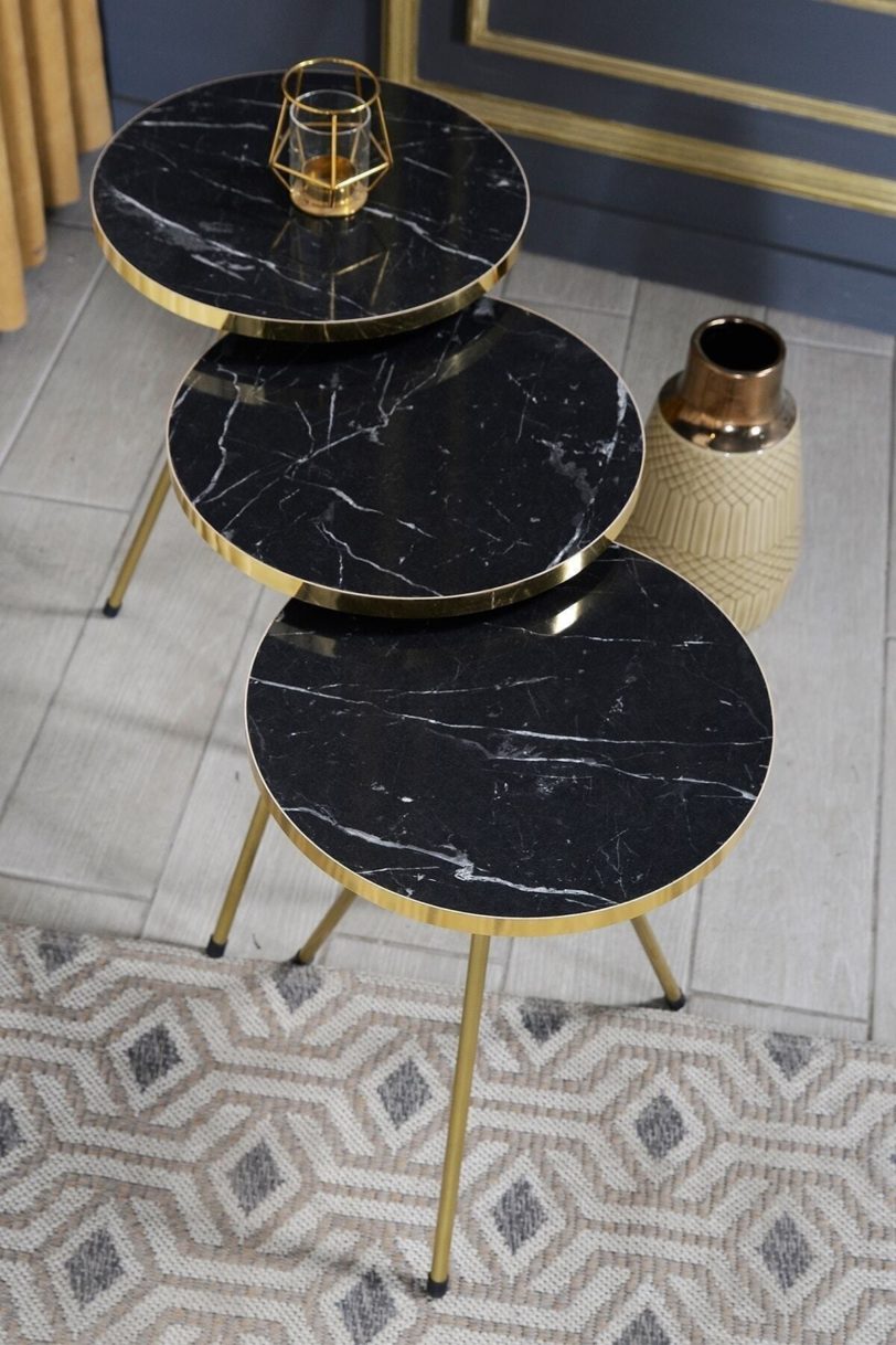 Elegant Triple Nesting Table Round Design Coffee Metal Gold Chrome Leg Decorative Stylish Sofa Living Room