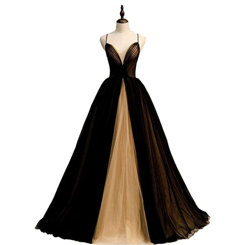 Evening Dresses Long for Women 2021 Black Gold Contrast Color Pleats Sweetheart Tulle Spaghetti Strap A-Line Prom Gowns 038