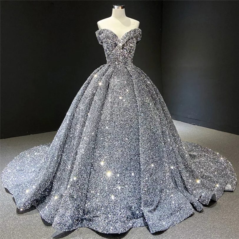 Gray Formal Party Night Evening Dresses 2021 Luxury Women Sexy Sequined Robe De Soiree Off Shoulder Vintage Long Prom Dress