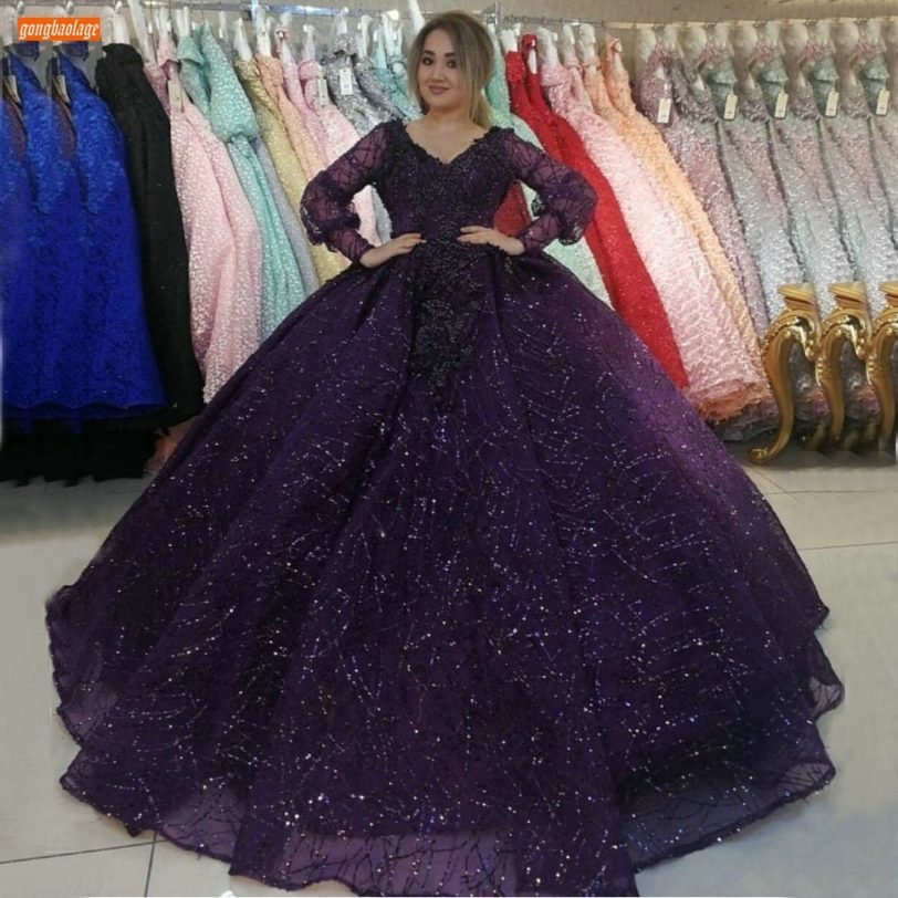 Luxury Purple Evening Dress Long Sleeves Lace Up Custom Made Women Party Dresses Formal Fluffy Robe De Soiree 2020 Evening Gowns