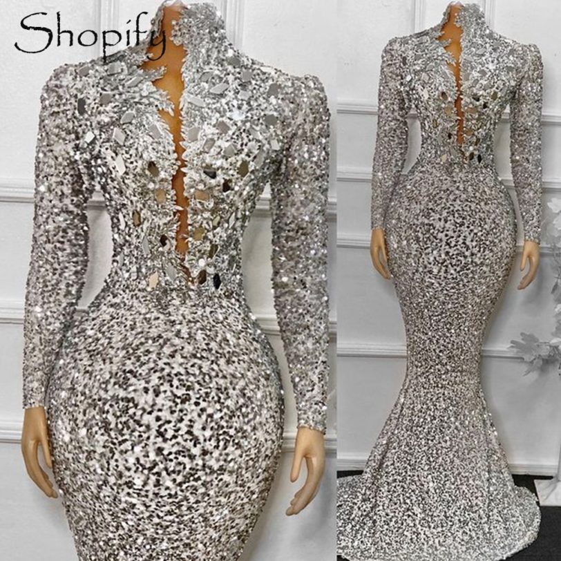 Luxury Sexy Mermaid Single Long Sleeve Beads Sequin Gold African Women Formal Long Evening Dresses 2021