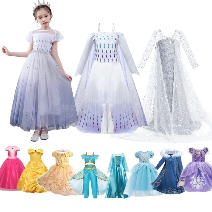 Princess Dress Up for Girl Elsa Anna Belle Snow White Jasmine Sofia Sleeping Beauty Fancy Halloween Costume Party Outfit Clothes