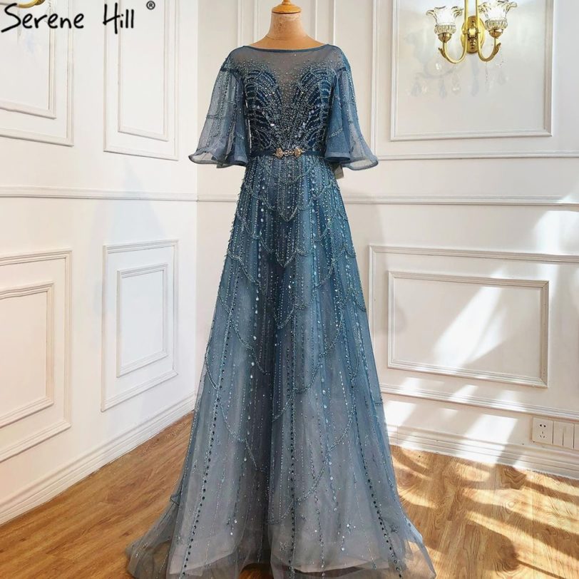 Serene Hill Green Long Flare Sleeves Evening Dresses Gowns 2021 A-Line Luxury Beading For Women Party LA70822