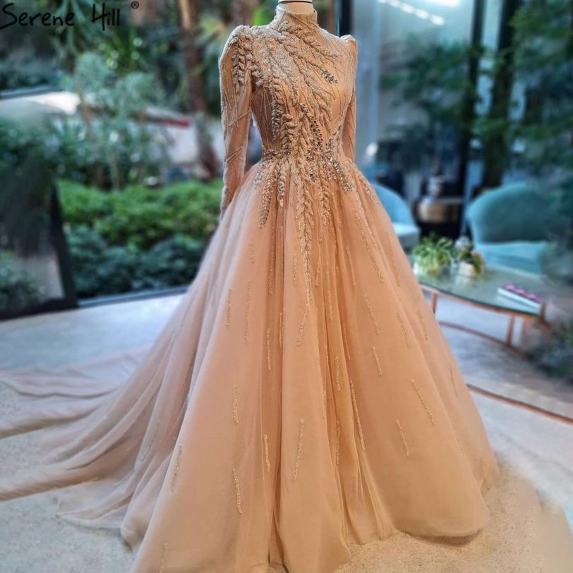 Serene Hill Muslim Gold Luxury Ball Gowns Evening Dress 2021 Long Sleeves Beading Women For Women Party LA71013