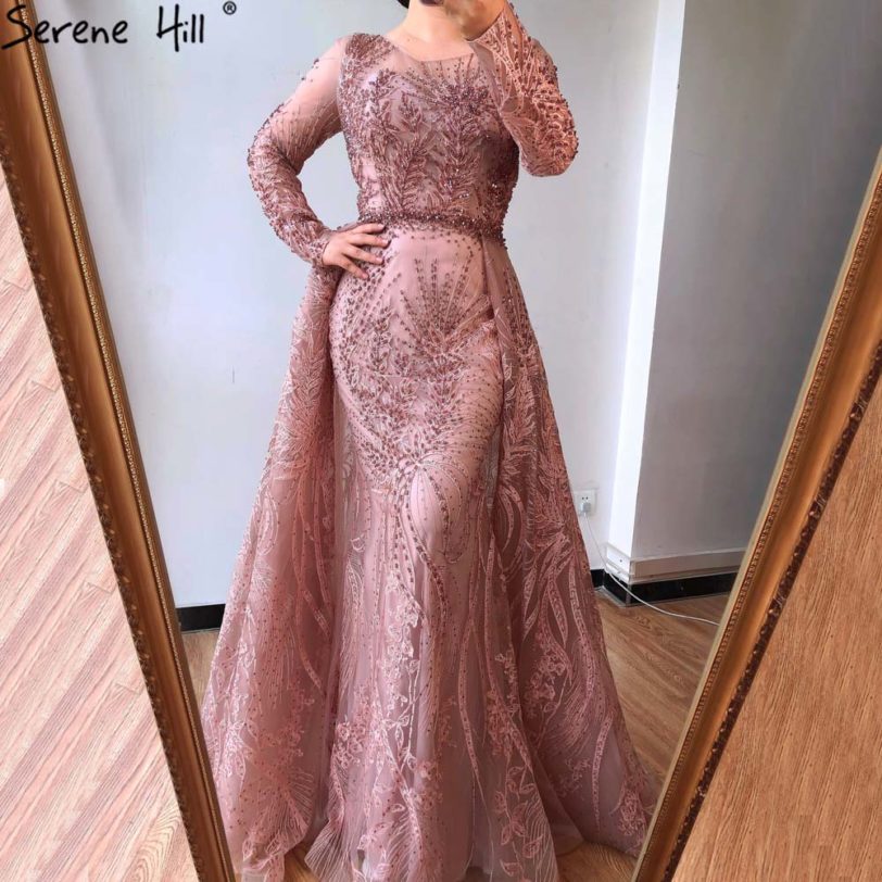 Serene Hill Muslim Pink Long Mermaid With Train Luxury Evening Dresses Gowns for woman party Formal Dress 2021 LA70541