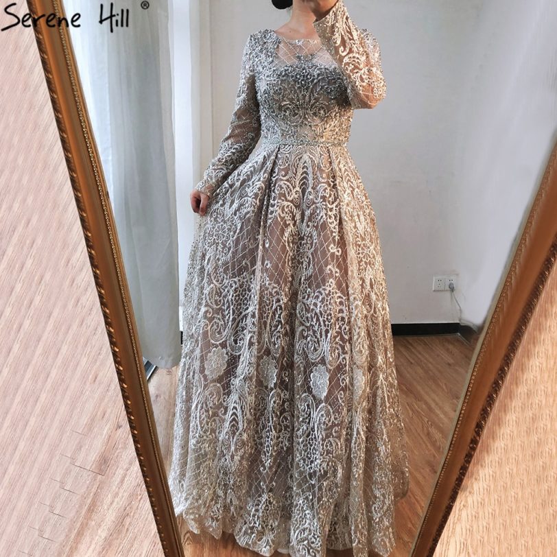 Serene Hill Nude Luxury Beaded A-Line Evening Gown 2021 O-Neck Long Sleeves Modest For Muslim Women Formal Party Dress CLA70731