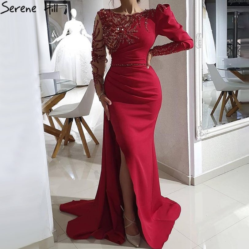 Serene Hill Red Mermaid Split Evening Gown For Women 2021 Satin Beadings Elegant Sexy Formal Party Dress CLA70992