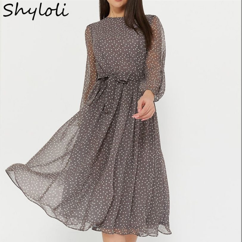 Shyloli Elegant Dot Print Long Sleeve Women Dresses 2020 New Boho Casual O-neck Chiffon A-line Dress Vintage Party Vestidos