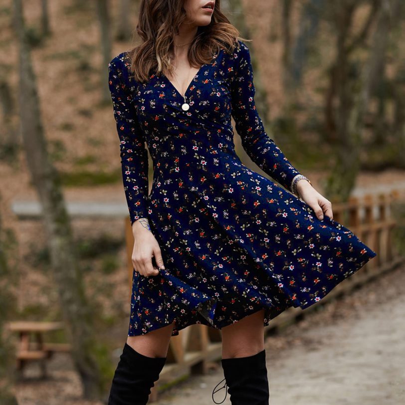 Spring Summer Long Sleeve V Neck Flowers Print Boho Dress Women Elegant Vintage Floral Printed Casual Green A-line Swing Dress