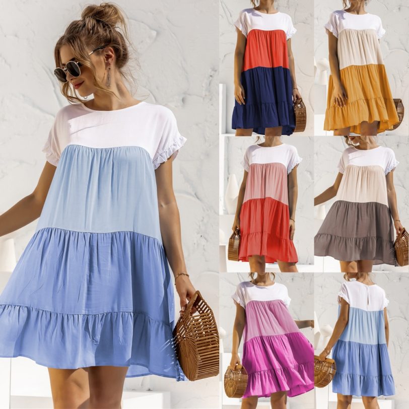 Summer Women Plue Size Beach Dress Ruffles Stitching O-Neck Short Sleeven Casual Loose Midi Dress Ladies Sundress 2021