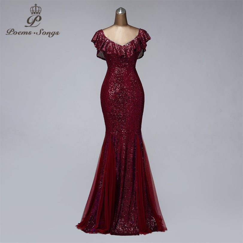 V-neck evening dresses long formal dress women elegant mermaid vestidos de fiesta wine red dress elegant evening gowns