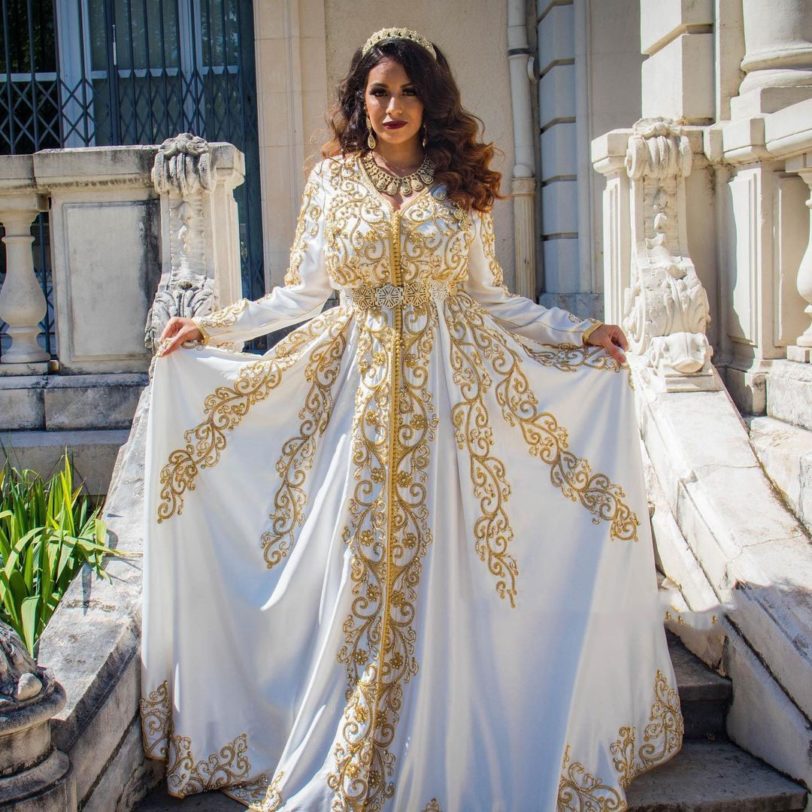 White Moroccan Caftan Evening Dress A-Line Wedding Dress With Applique Saudi Arabia Special Occasion Prom Dress With Train