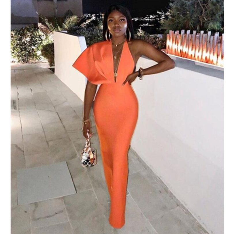 Women Luxury Sexy Short Sleeve V Neck Orange Maxi Long Bandage Dress 2021 Designer Fashion Evening Party Dress Club Vestido