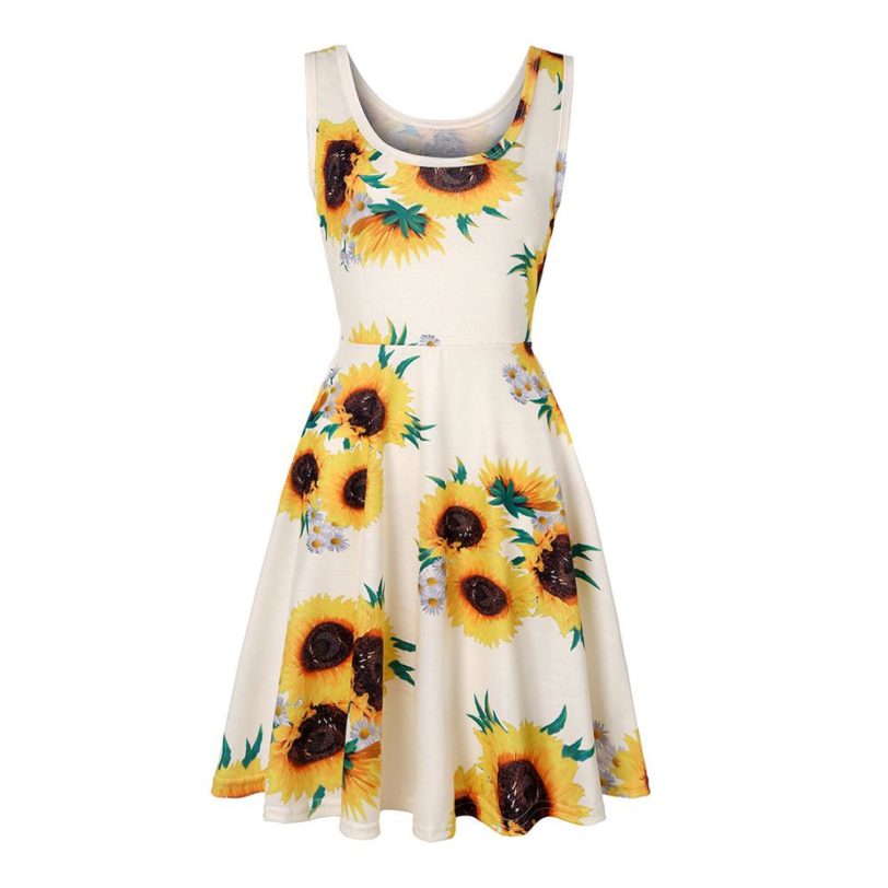 Women Summer Dresses Plus Size Women Sleeveless Sunflower Print Summer Beach A Line Casual Dress Party Dress vestidos fem