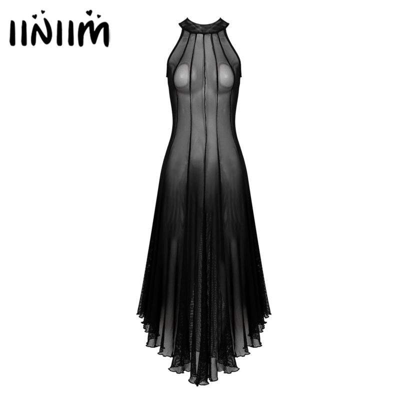 iiniim Women Gothic Sexy Dresses Transparent See-through Mesh Dress Punk Mock Neck Sleeveless Dresses for Halloween Rock Concert