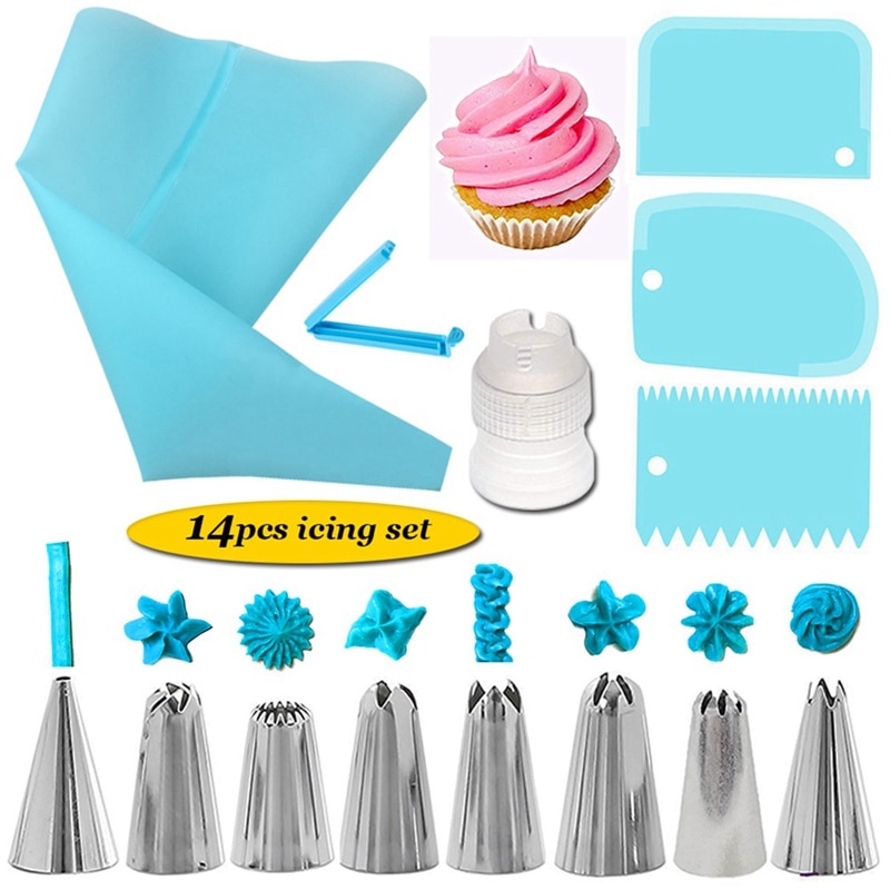 1 14Pcs Set Reusable Icing Piping Nozzles Set Pastry Bag Scraper Flower Cream Tips Converter Baking
