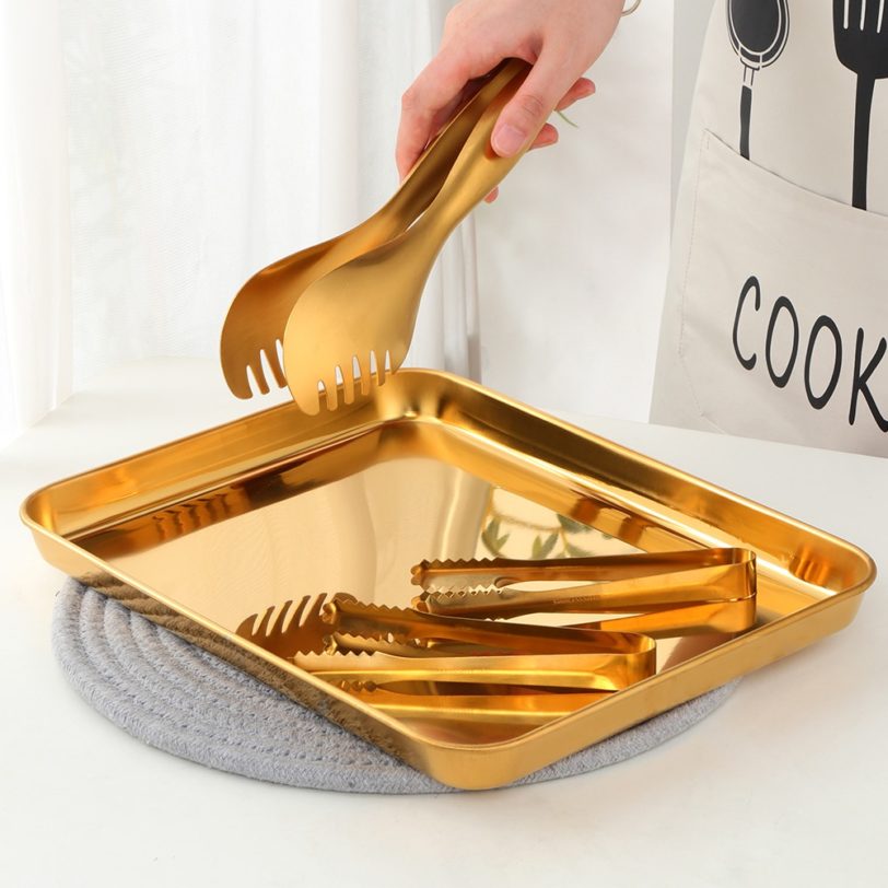 1/4/6PCS Stainless Steel Food Tongs Gold Bread Clamp Salad Ice Clip with Storage Cafeteria Tray Baking Pastry Kitchen Utensils