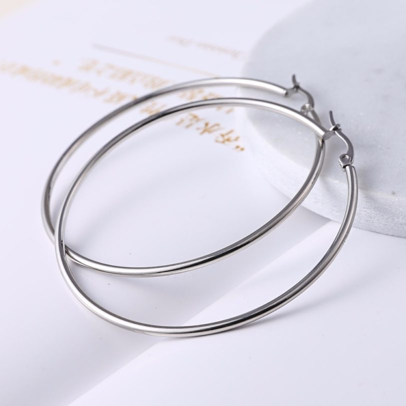 1 Pair 10-70mm Big Smooth Circle Stainless Steel Earrings Fashion Women Girl Trendy Large Hoop Earrings Jewlry