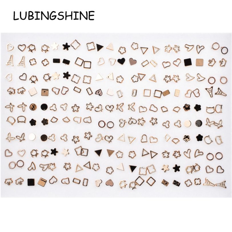 100 Pairs/lot Women Acrylic Gold Silver Color Mix Small Stud Earrings Sets Girl Child Heart Earring Jewelry Gift Random Style