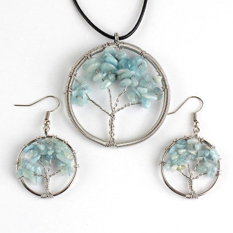 100-Uniqe 1 Set Silver Plated Aquamarines Stone Pendant Plant Necklace Earring Tree of Life Jewelry Set