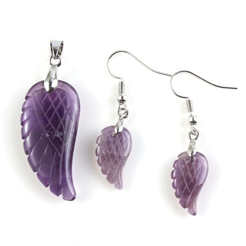 100-Uniqe 1 Set Silver Plated Natural Purple Amethysts Angel Wing Pendant Elegant Women's Earring Jewelry Set