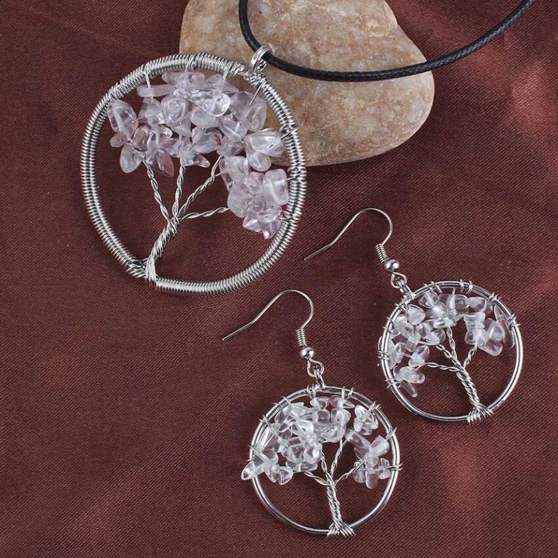 100-Uniqe 1 Set Silver Plated Natural Rock Crystal Pendant Elegant Women's Earring Tree of Life Jewelry Set