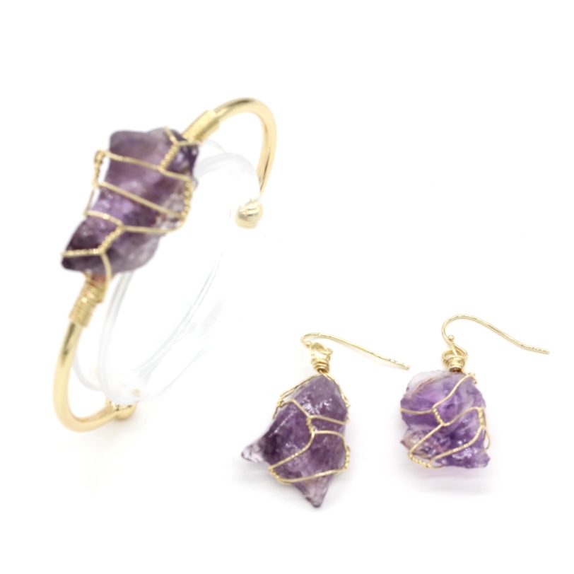 100-Unique Light Yellow Gold Color Irregular Shape Amethysts Stone Bangle Blue Crystal Earrings Wire Wrap Jewelry Set