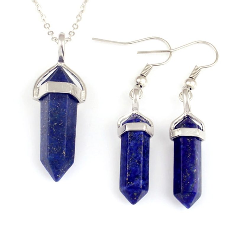 100-Unique Silver Plated Hexagonal Column Pendant Lapis Lazuli Necklace Earrings For Women Jewelry Set