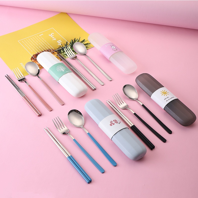 1Set Portable Stainless Steel Cutlery Suit with Storage Box Chopstick Fork Spoon Knife High Quality Travel