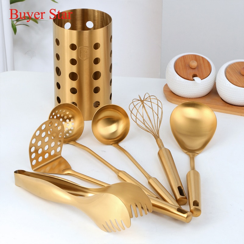 1pcs 7pcs Gold Cooking Tools Cookware Set Chopsticks tube Soup Ladle Colander Set Egg stirring beater