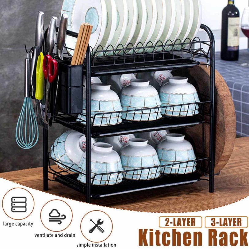 2/3 Tiers Dish Drying Rack Holder Basket Plated Iron Home Washing Great Kitchen Sink Dish Drainer Drying Rack Organizer Black