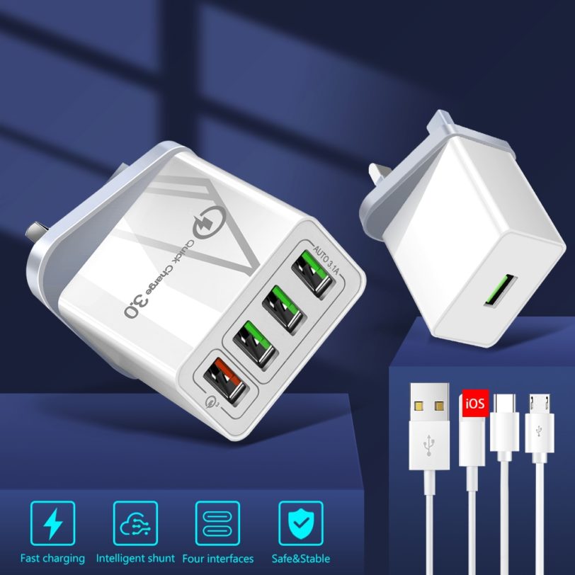 2.4/3A 5V 1/4 USB Ports UK Plug QC 3.0 Fast Charger Wall Charger Adapter With Charge Cable For Iphone Samsung Xiaomi Huawei