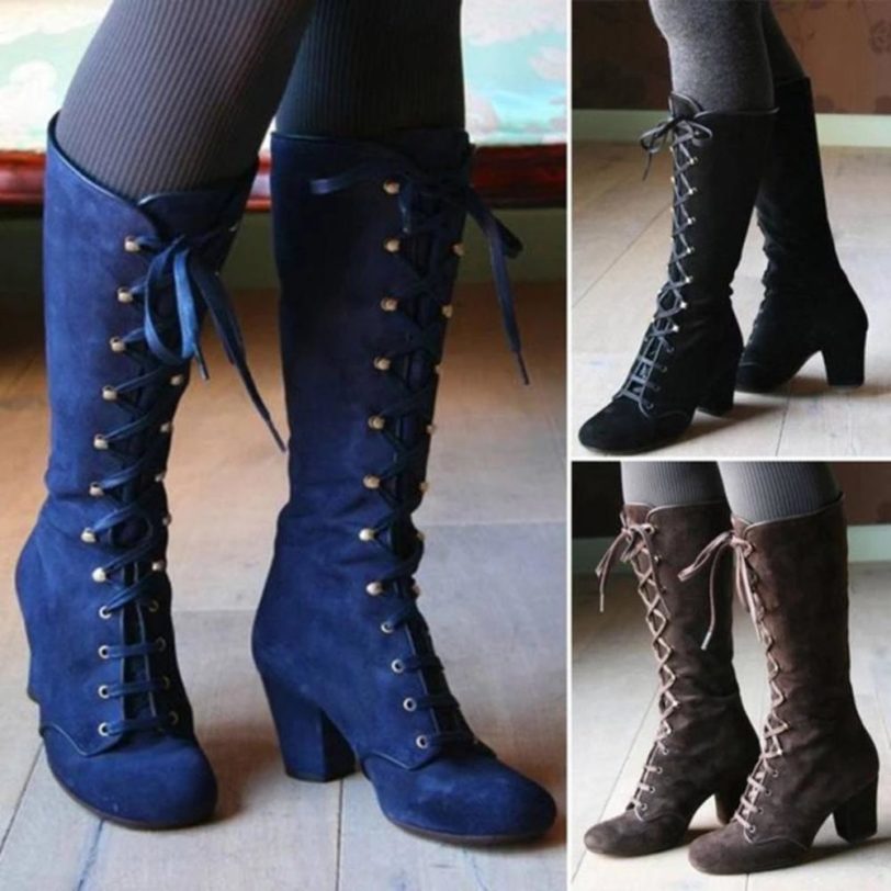 2020 Black boots women Shoes knee high Women Casual Vintage Retro Mid-Calf Boots Lace Up Thick Heels Shoes