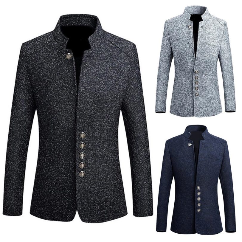 2020 Mens Vintage Blazer Coats Chinese Style Business Dress Blazers Casual Stand Collar Jackets Male Slim-Fit Suit Jacket