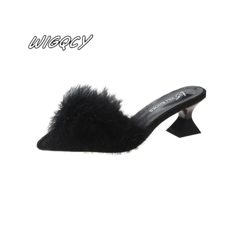 2020 new women's set toe-shaped non-slip high heels fashion rubber bottom elastic cloth summer shallow fur shoes