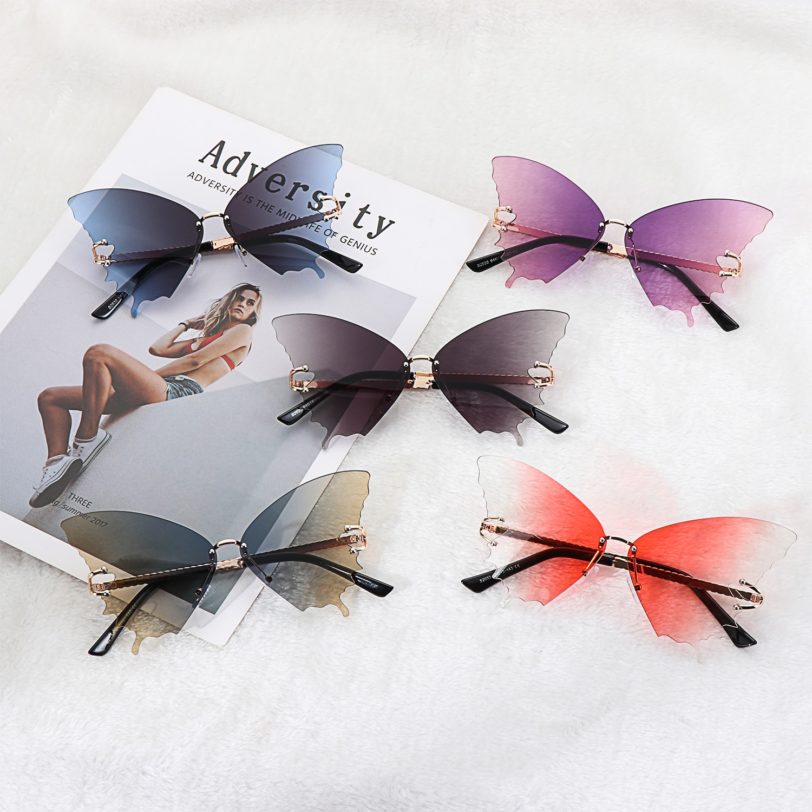 2021 Butterfly Rimless Sunglasses Clear Women UV400 Protection Vintage Metal Luxury Brand Gradient Anti-Reflective Sun Glasses