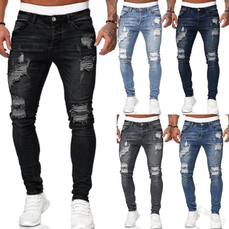 2021 Men s Jeans Cool Ripped Skinny Trousers Stretch Slim Denim Pants Large Size Hip Hop