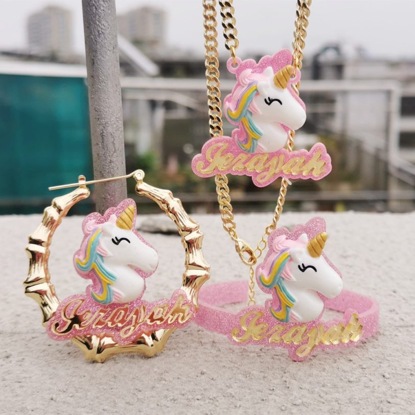 2021 New Animal Custom Name Earrings Child Cute Bamboo Earrings Hoop Kids Necklace Personality Name Bracelet Gift