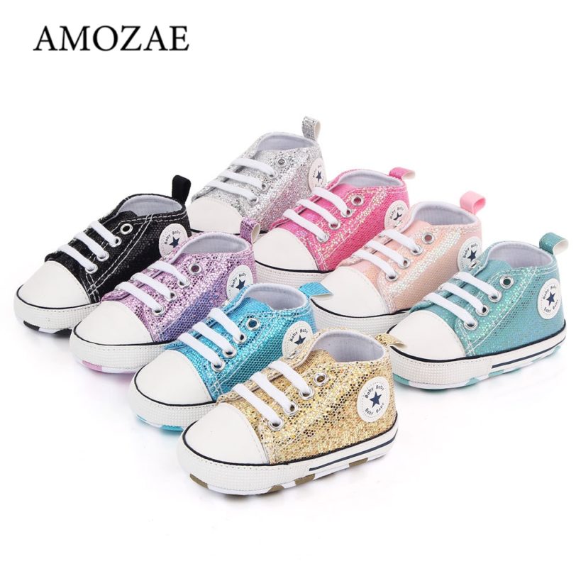 2021 Newborn Sequined Canvas Baby Sneakers Baby Shoes Baby Boys Girls Shoes Baby Toddler Shoes Soft Sole Non-slip Baby Shoes